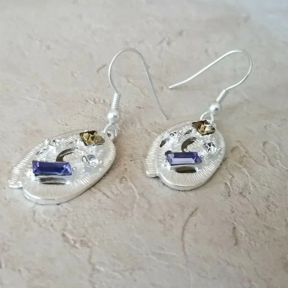 Sterling Silver Plated Oval Topaz Blue Clear Crystal Art Nouveau Dangle Earrings - Picture 4 of 5